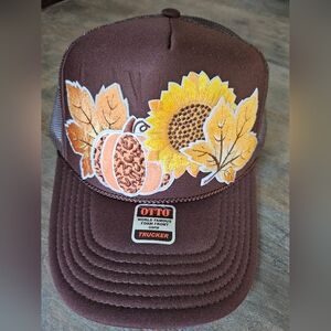 NWT OTTO Brown Mesh Trucker hat custom with fall leaves and sunflower patches